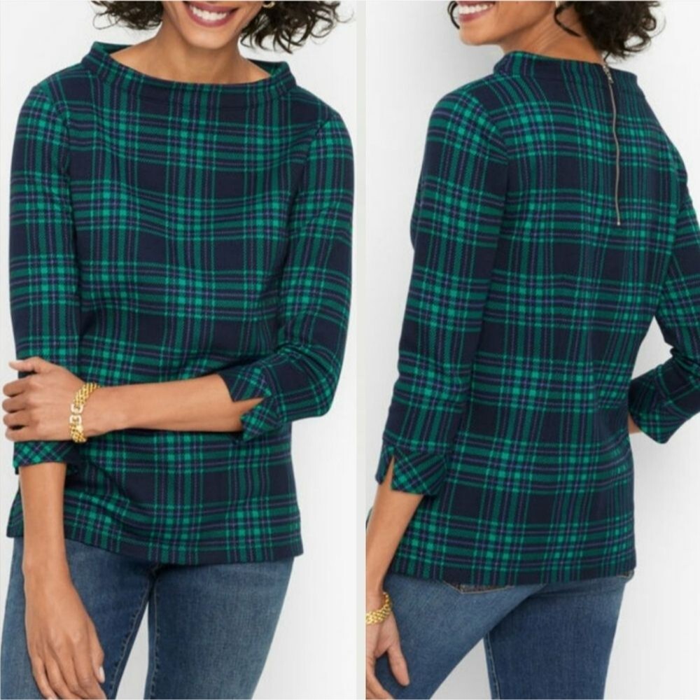 TALBOTS Funnel Neck Knit Top Blue Green Black Blackwatch Plaid - Picture 3 of 16
